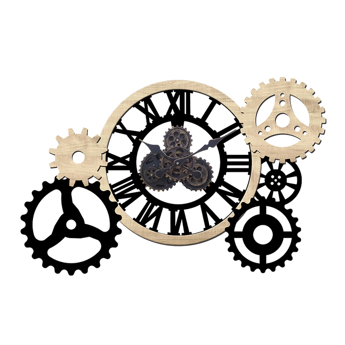 horloge style industriel nature avec engrenages en mouvement - bois noir  et bois clair - forme allongée - 65 x 105 cm