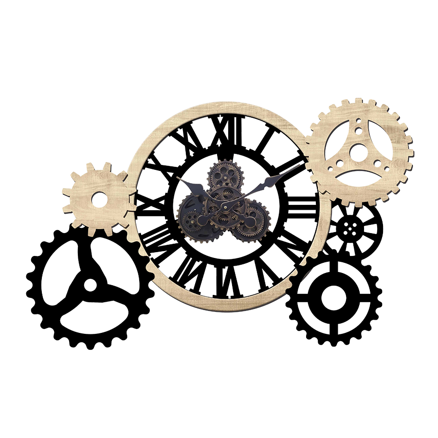 horloge style industriel nature avec engrenages en mouvement - bois noir  et bois clair - forme allongée - 65 x 105 cm