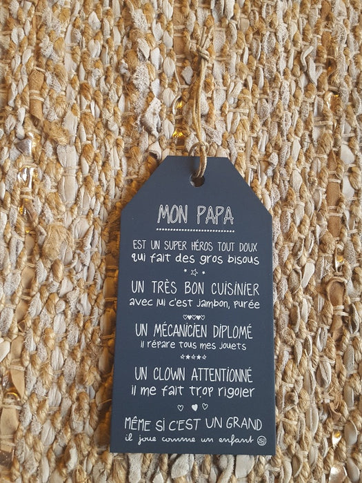 Plaque Message - à suspendre - Mon Papa est un super héros ... - mdf peint - bleu marine - 11x20 cm - SOPHIE JANIERE
