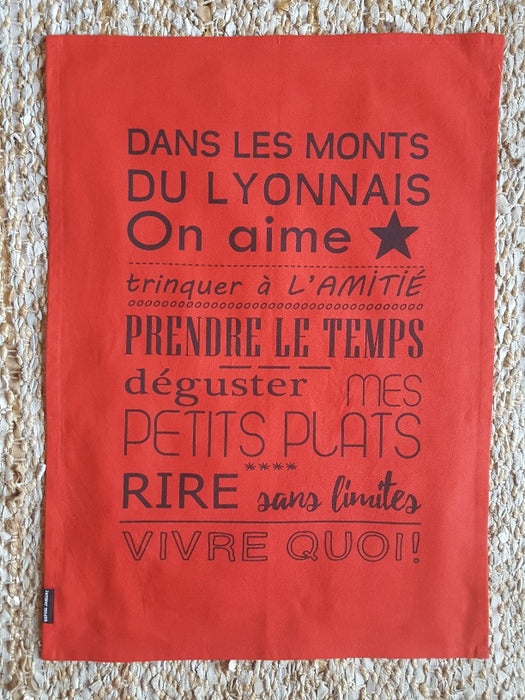 torchon personnalisé - Dans les Monts du Lyonnais, on aime  - coton - rouge - SOPHIE JANIERE