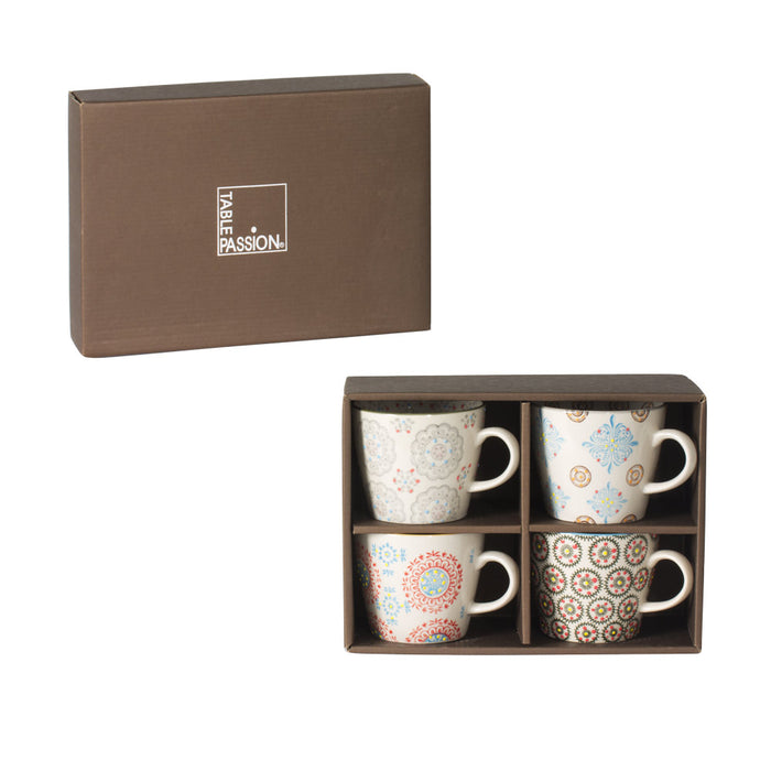 mug bohème - coffret cadeau de 4 mugs - grès - 30 cl - diamètre 12.5 cm hauteur 8 cm -  décor relief multicolore  - TABLE PASSION