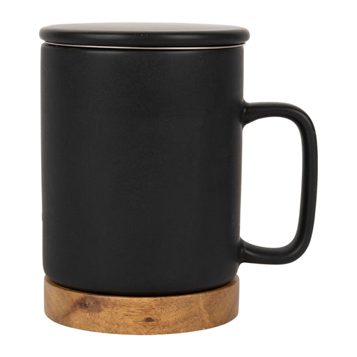 mug tisanière avec filtre inox - grès - noir mat - sous tasse acacacia - 37.5 cl - SEMA DESIGN