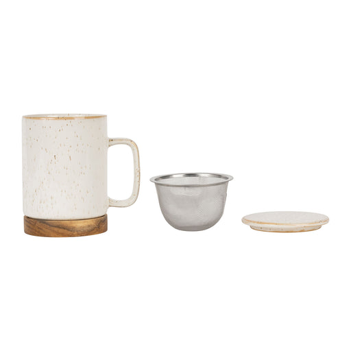 mug tisanière avec filtre inox - grès - blanc moucheté brun - sous tasse acacacia - 37.5 cl - SEMA DESIGN
