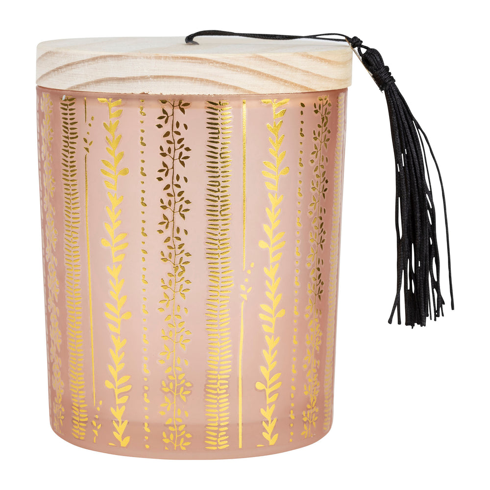 Photophore en verre teinté rose poudré - motif végétal doré - couvercle en bois - diamètre 9 cm x hauteur 10 cm - SEMA DESIGN