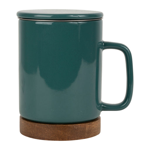 mug tisanière avec filtre inox - grès - émeraude - sous tasse acacacia - 37.5 cl - SEMA DESIGN