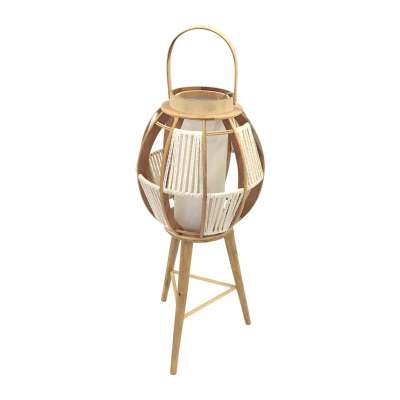 Lampe lanterne sur pied - bambou et sapin - bois naturel et cordage blanc - hauteur 82 cm - largeur 30 cm - SEMA DESIGN 