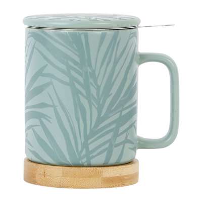 mug tisaniere tropic - vert sauge - motif ton sur ton feuille bambou - filtre inox - sous tasse bambou - 35 cl - SEMA DESIGN