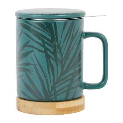 mug tisaniere tropic - émeraude - motif ton sur ton feuille bambou - filtre inox - sous tasse bambou - 35 cl - SEMA DESIGN