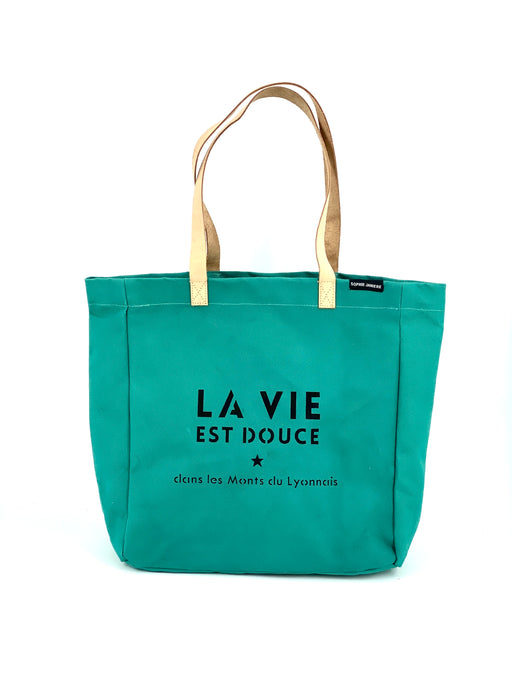 SAC CABAS COTON ENDUIT INTERIEUR PERSONNALISE - LA VIE EST DOUCE MONTS DU LYONNAIS - bleu lagon - SOPHIE JANIERE