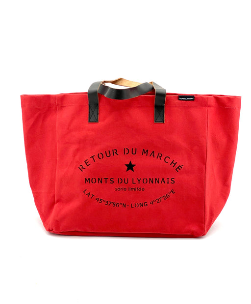 sac cabas - Retour du marché Monts du Lyonnais série limitée- coton enduit - anses cuir - rouge - SOPHIE JANIERE