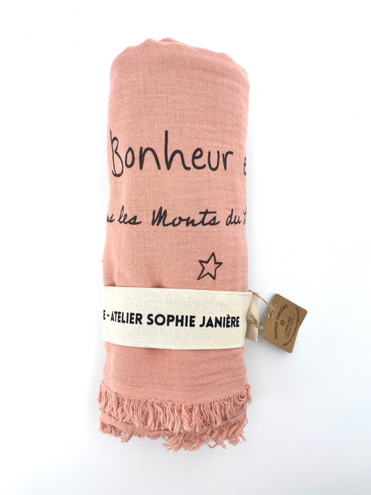 plaid à franges personnalisé - double coton - rose clair - 130 x 170 cm - Monts du lyonnais - Sophie Janière