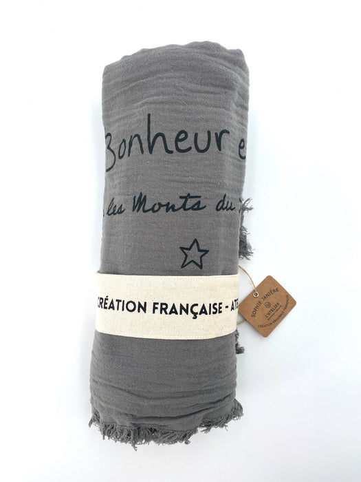 plaid à franges personnalisé - double coton - gris - 130 x 170 cm - Monts du Lyonnais - Sophie Janière