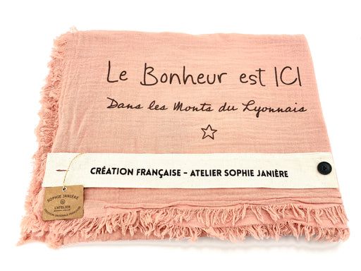 plaid à franges personnalisé - double coton - rose clair - 130 x 170 cm - Monts du lyonnais - Sophie Janière