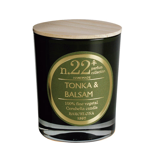 bougie parfumée - tonka et balsam - pot en verre vert kaki - couvercle bois - numbers 22 - cerabella