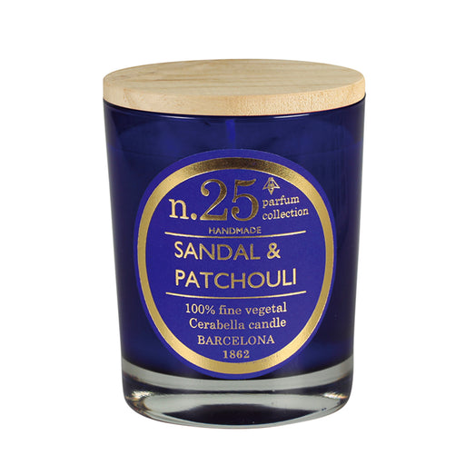 bougie parfumée - bois de santal et patchouli - pot en verre bleu - couvercle bois - numbers 25 - cerabella