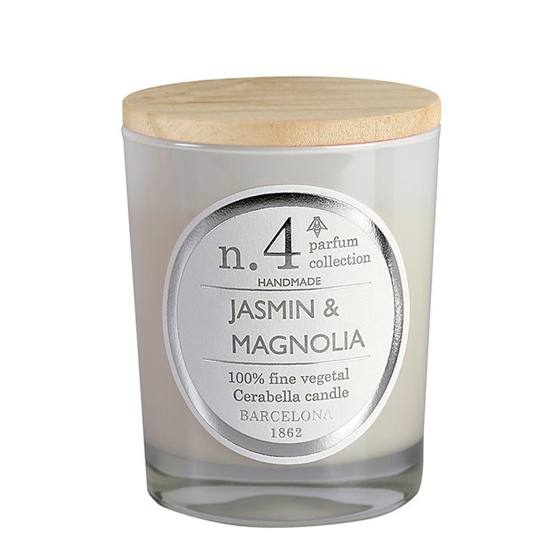 bougie parfumée - jasmin et magnolia - pot en verre blanc - couvercle bois - numbers 4 - cerabella