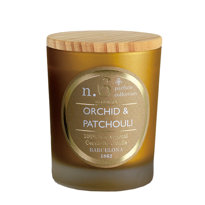 bougie parfumée - orchidée et patchouli - pot en verre doré - couvercle bois - numbers 6 - cerabella
