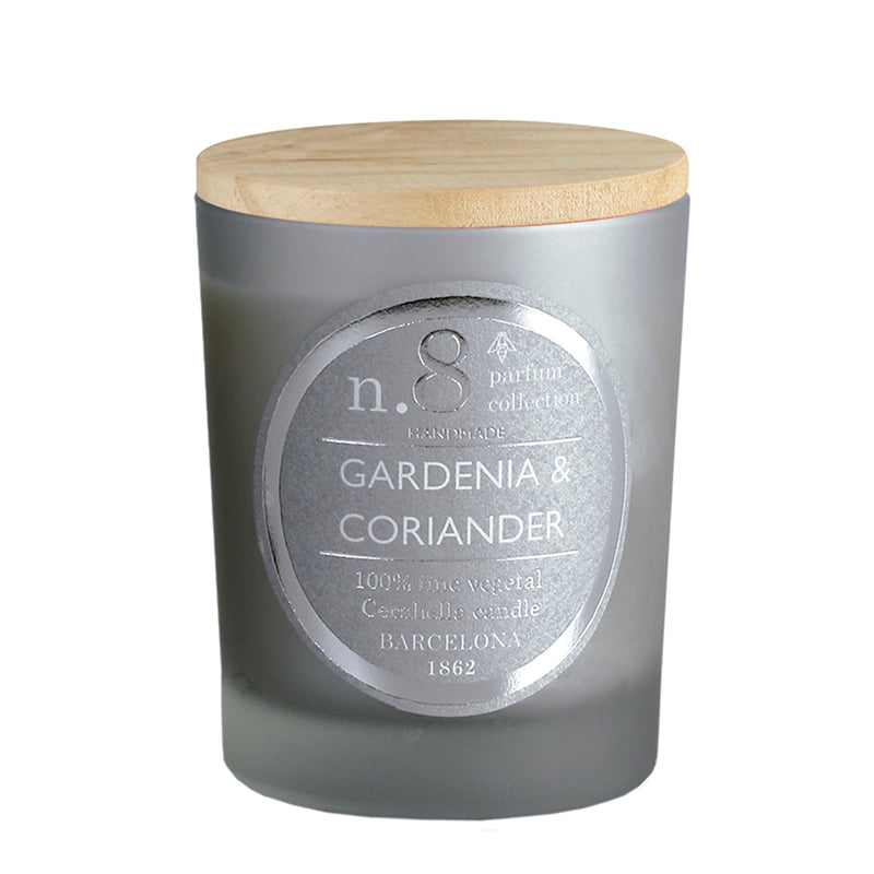 bougie parfumée - gardénia et coriandre - pot en verre argent - couvercle bois - numbers 8 - cerabella