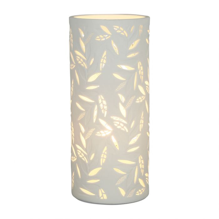 lampe  cylindre exaltation - motif feuillage - porcelaine biscuit - h 28 cm -  ampoule E14 non fournie - SEMA DESIGN
