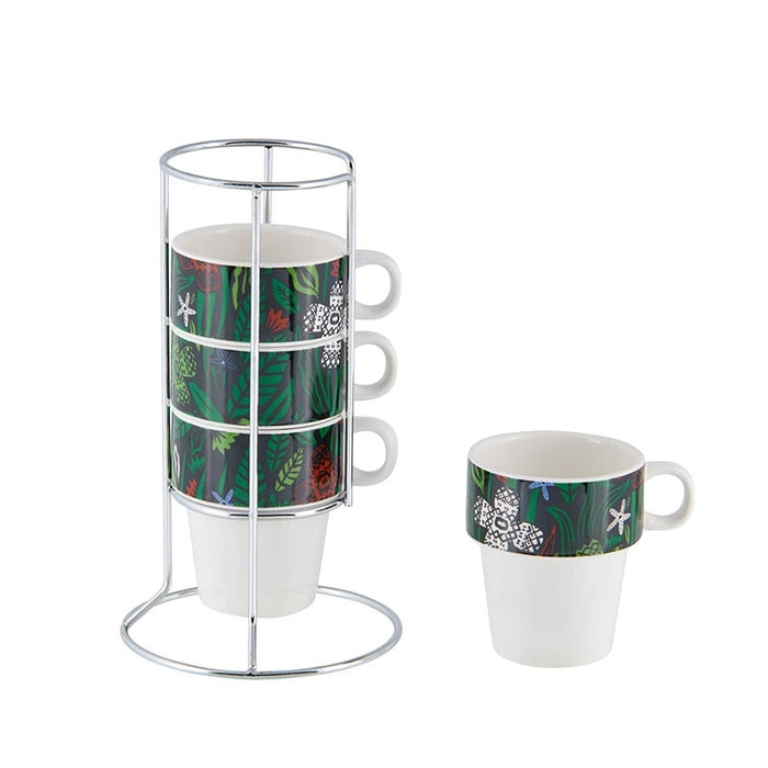 mug porcelaine - évasion -  rack 4 tasses café - fond vert foncé - motif feuillage - DLP